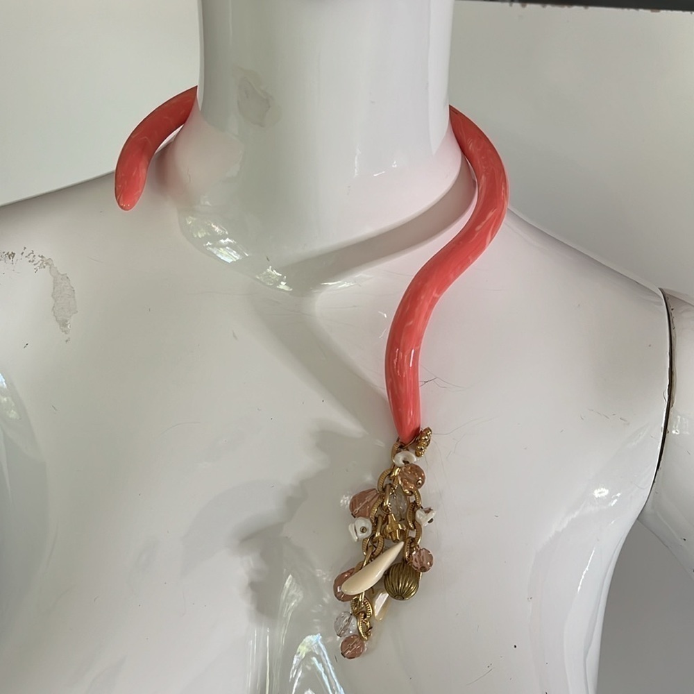 Coral Lightly Marbled Acetate Lucite Cuff Necklace w Chain Cluster of Crystals